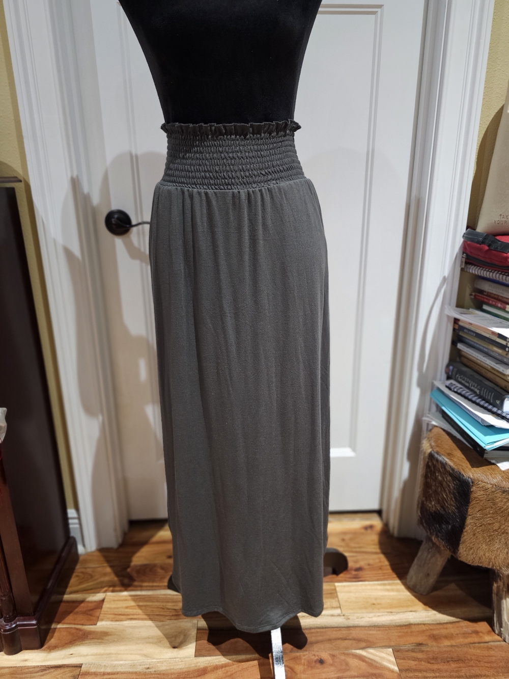 Smocked Waist Maxi Skirt with Pockets - Charcoal Gray